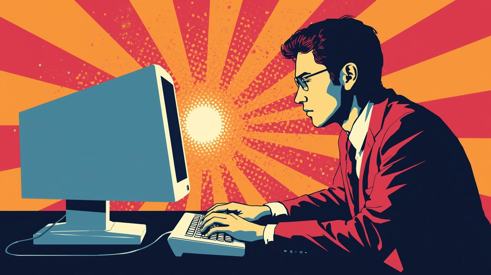 Grafika w stylu pop-art przedstawiająca mężczyznę pracującego przy komputerze